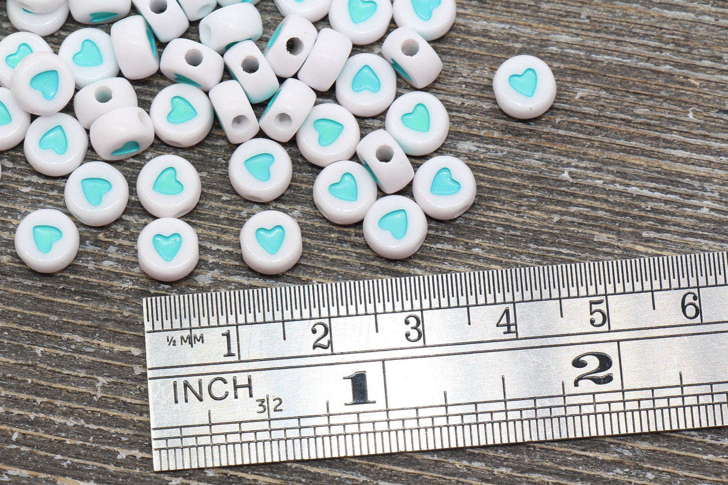 Aqua Blue Heart Beads, White Beads with Blue Hearts Beads, Plastic Heart Beads, Round Beads, Acrylic Heart Symbol Beads, Size 7mm #109