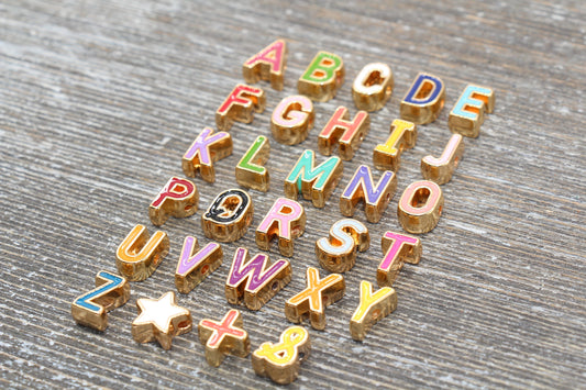 Enamel Alphabet Letter Beads, Gold Letter Beads, Gold Lined Letter Beads, Number Beads, Name Beads, Symbol Beads, Ampersand Beads