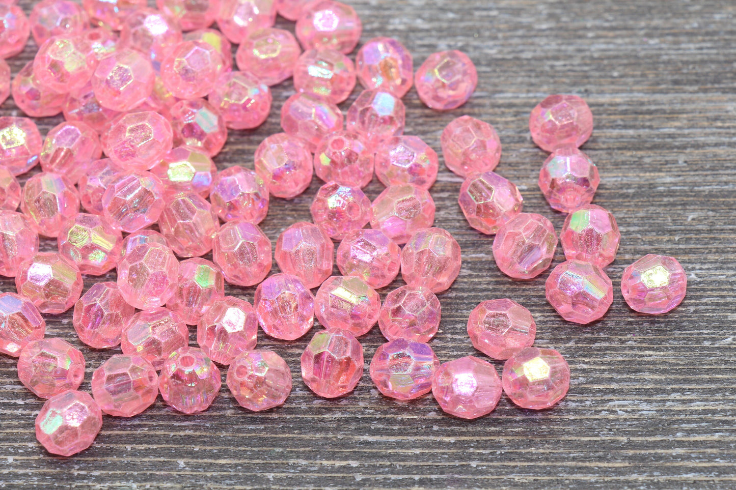 8mm Pink AB Faceted Gumball Beads, Translucent Pink Iridescent Faceted Acrylic Loose Beads, Bubblegum Beads, Star Cut Rainbow Beads #1255