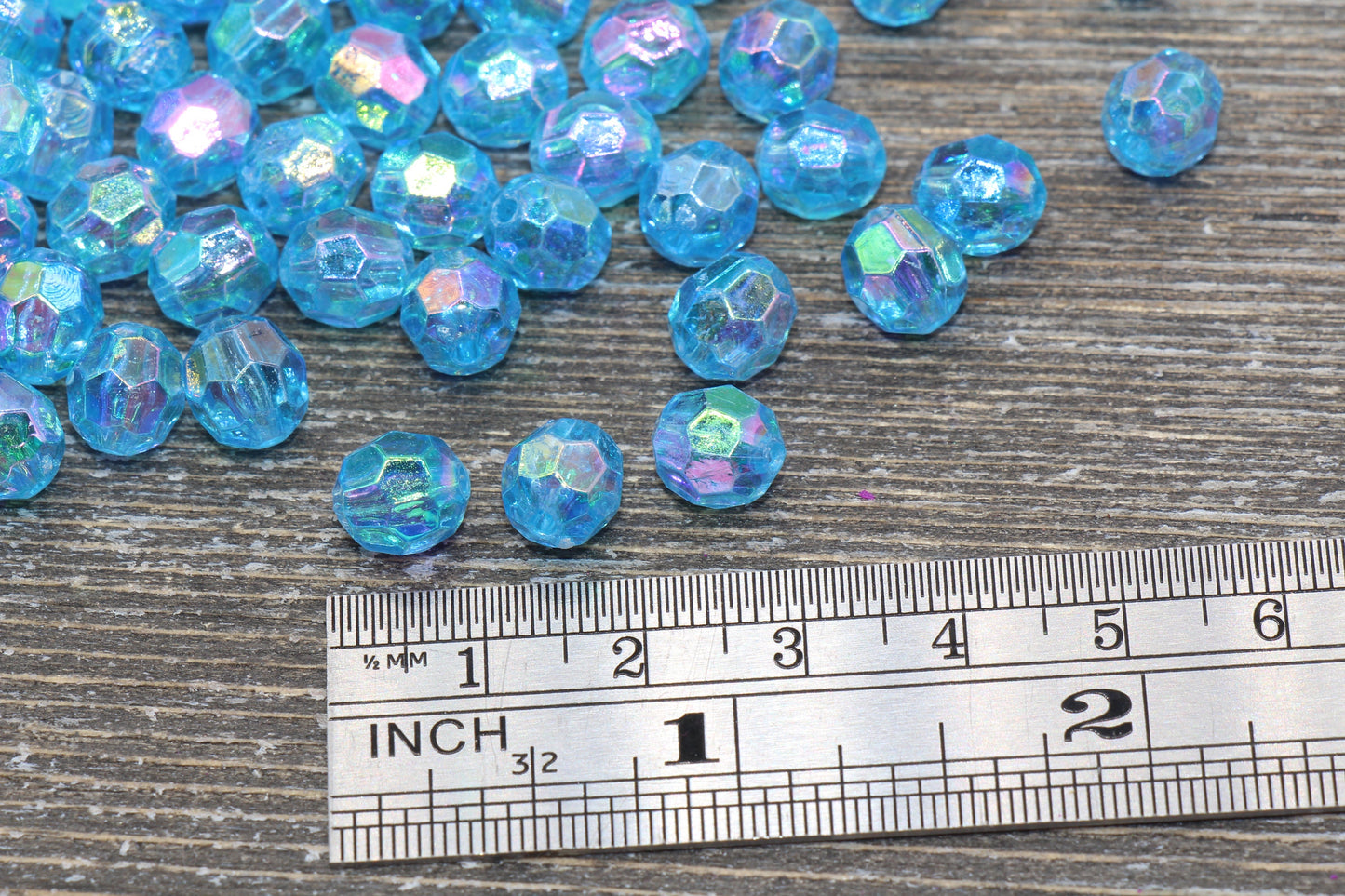 8mm Blue AB Faceted Gumball Beads, Translucent Blue Iridescent Faceted Acrylic Loose Beads, Bubblegum Beads, Star Cut Rainbow Beads #1256