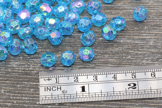 8mm Blue AB Faceted Gumball Beads, Translucent Blue Iridescent Faceted Acrylic Loose Beads, Bubblegum Beads, Star Cut Rainbow Beads #1256