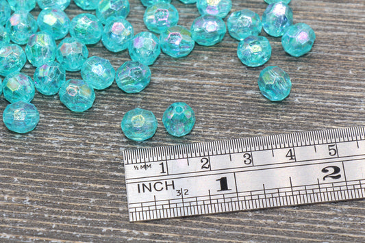 8mm Sea Green AB Faceted Gumball Beads, Translucent Iridescent Faceted Acrylic Loose Beads, Bubblegum Beads, Star Cut Rainbow Beads #1257