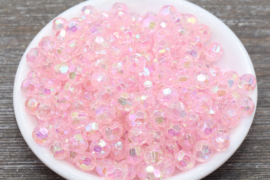 8mm Baby Pink Faceted Gumball Beads, Translucent Pink Iridescent Faceted Acrylic Loose Beads, Bubblegum Beads, Star Cut Rainbow Beads #1258