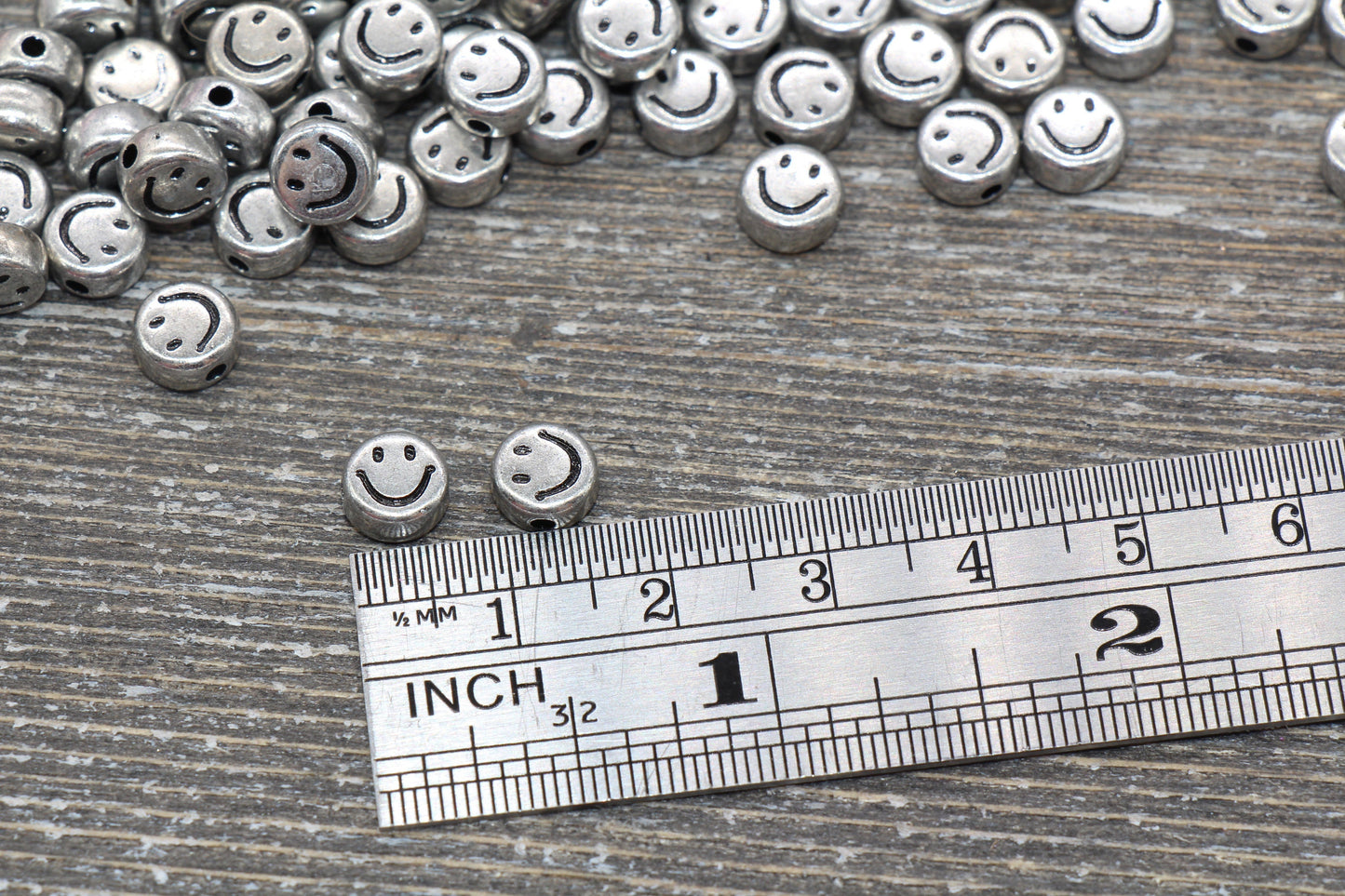 Silver Smiley Face Round Beads, Emoji Beads, Happy Face Beads, Plastic Round Beads Size 7mm #1316