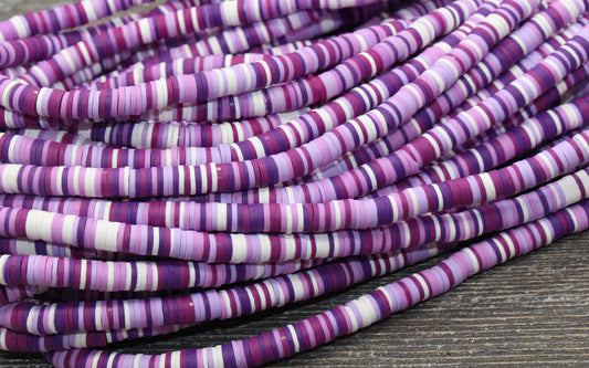 6mm Purple and White Polymer Clay Disc Beads, Multicolored Heishi Beads, African Disc Beads, Wholesale Vinyl Heishi, 16 inch Strand #17