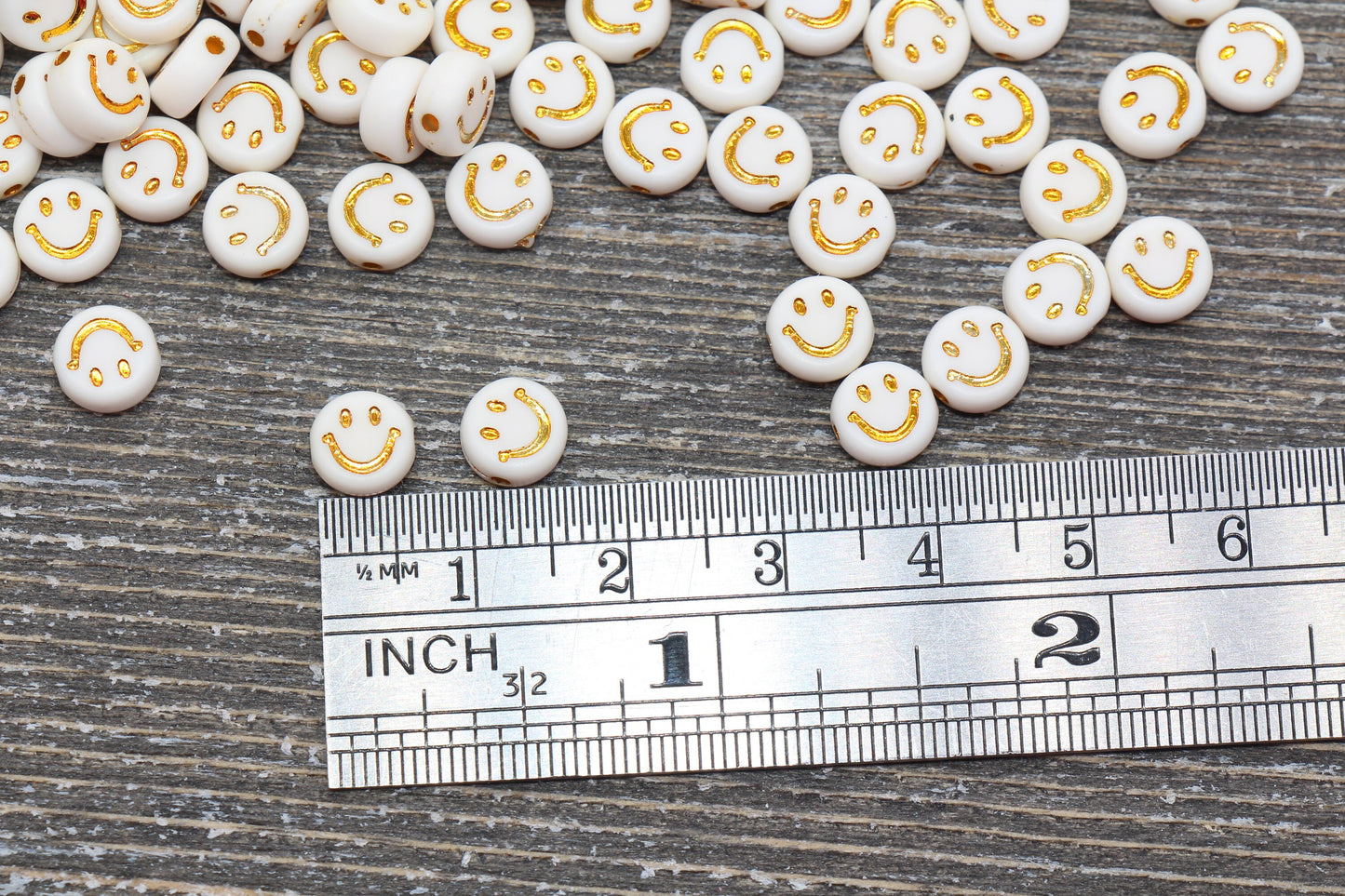 Smiley Face Round Beads, White with Gold Emoji Beads, Happy Face Beads, Plastic Round Beads Size 7mm #367