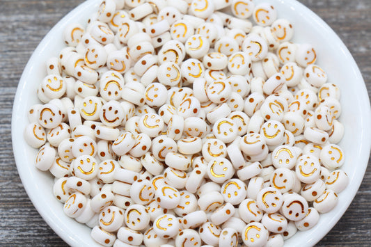 Smiley Face Round Beads, White with Gold Emoji Beads, Happy Face Beads, Plastic Round Beads Size 7mm #367