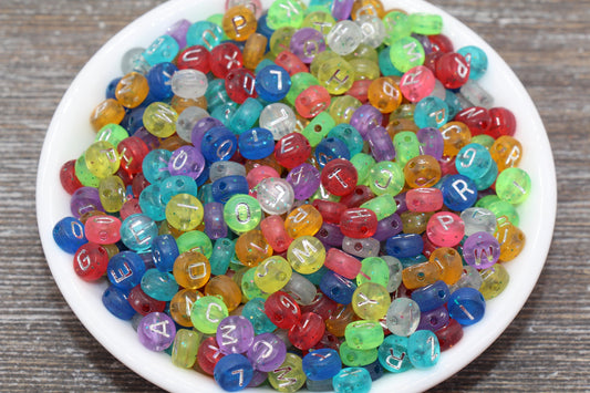 Multicolored Glitter Alphabet Letter Beads, Glitter Translucent Beads with Silver Letters, Rainbow Glitter Letter Beads, Name Beads 7mm #368