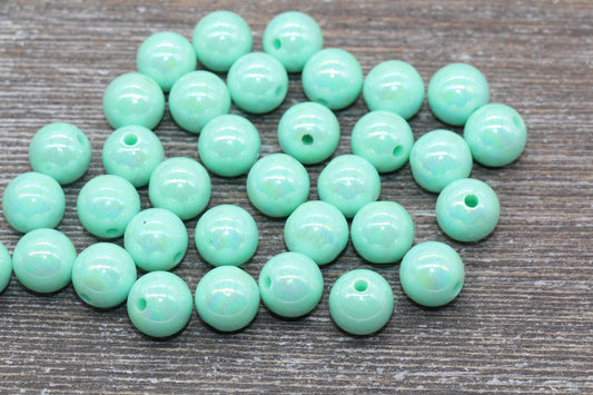 12mm Mint AB Gumball Beads, Iridescent Acrylic Loose Beads, Solid Bubblegum Beads, Chunky Beads, Smooth Round Plastic Beads #1332
