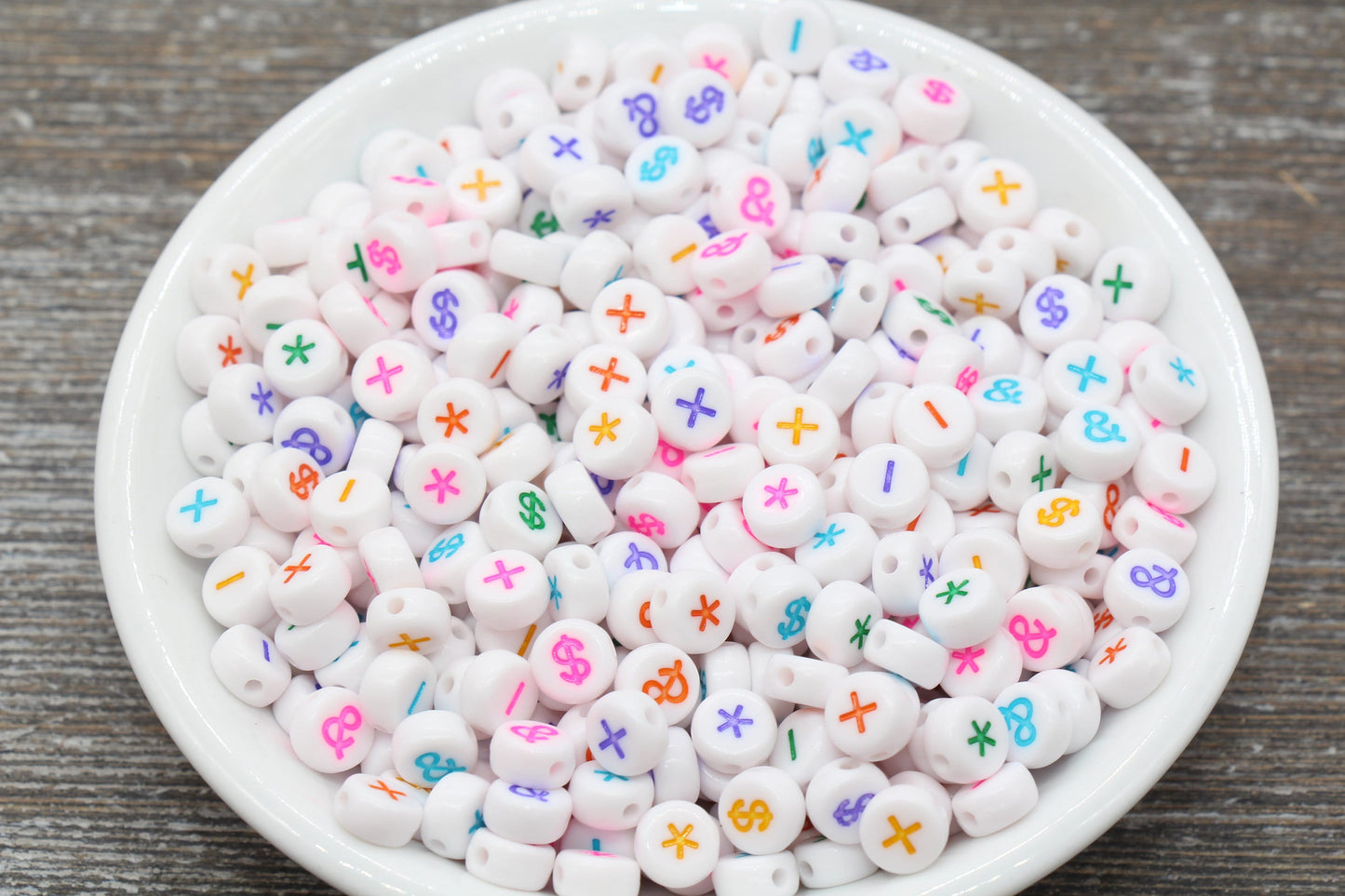 rainbow print 7 mm acrylic symbol beads: ampersand, plus, minus, dollar; ampersand bead