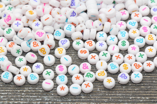 rainbow print 7 mm acrylic symbol beads: ampersand, plus, minus, dollar; ampersand bead