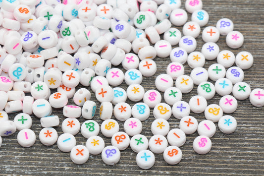 rainbow print 7 mm acrylic symbol beads: ampersand, plus, minus, dollar; ampersand bead