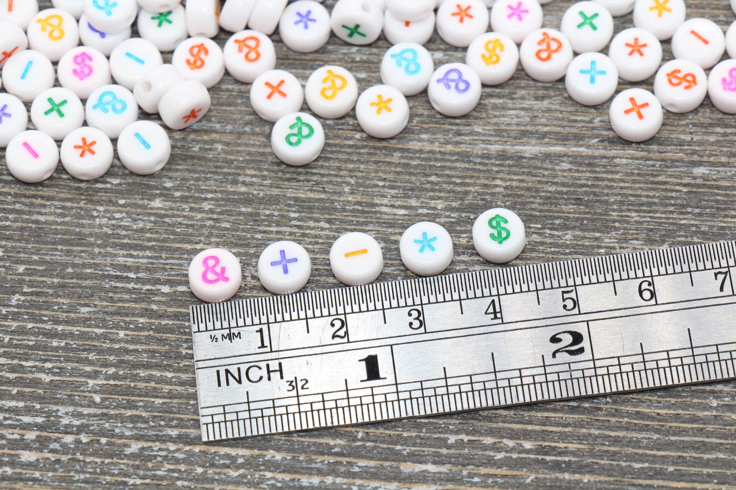 rainbow print 7 mm acrylic symbol beads: ampersand, plus, minus, dollar; ampersand bead