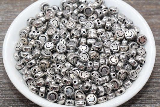 Silver Smiley Face Round Beads, Emoji Beads, Happy Face Beads, Plastic Round Beads Size 7mm #1316