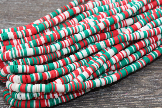 6mm Multicolored Heishi Beads, Green White and Red Polymer Clay Disc Beads, African Disc Beads, Christmas Color Heishi, Full Strand #505