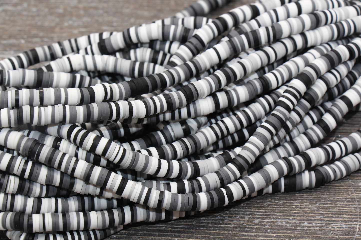 6mm Multicolored Polymer Clay Disc Beads, Gray, White, and Black Mix Heishi Beads, African Disc Beads, Vinyl Heishi, Full Strand #504