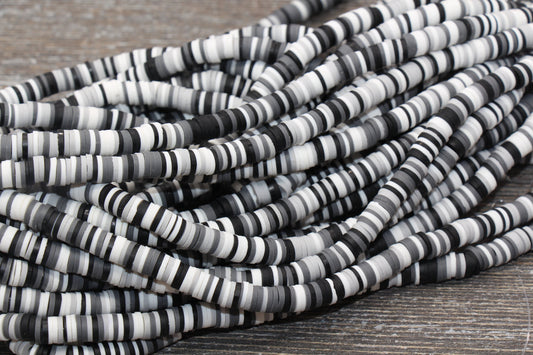 6mm Multicolored Polymer Clay Disc Beads, Gray, White, and Black Mix Heishi Beads, African Disc Beads, Vinyl Heishi, Full Strand #504