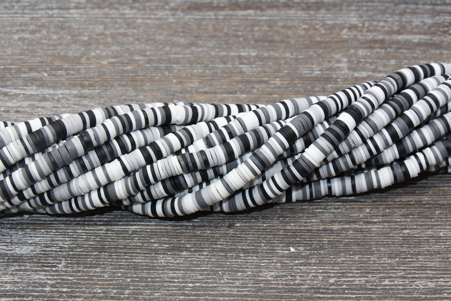 6mm Multicolored Polymer Clay Disc Beads, Gray, White, and Black Mix Heishi Beads, African Disc Beads, Vinyl Heishi, Full Strand #504