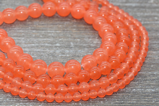 Orange Jade Beads, Smooth Gemstone Round Loose Beads, Sizes 4mm 6mm 8mm 10mm 12mm, Full Strand 15.5" #199