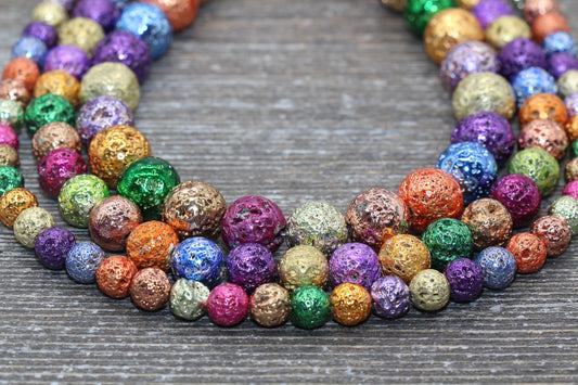 Rainbow Lava Beads, Rainbow Plating Volcanic Rock Beads, Round Gemstone Beads, Electroplated, Sizes 6mm, 8mm 10mm, Full Strand 15.5 #194