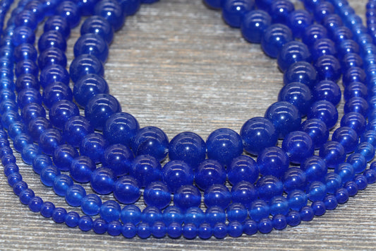 Royal Blue Jade Beads, Smooth Gemstone Round Loose Beads, Sizes 4mm 6mm 8mm 10mm 12mm, Full Strand 15.5" #201