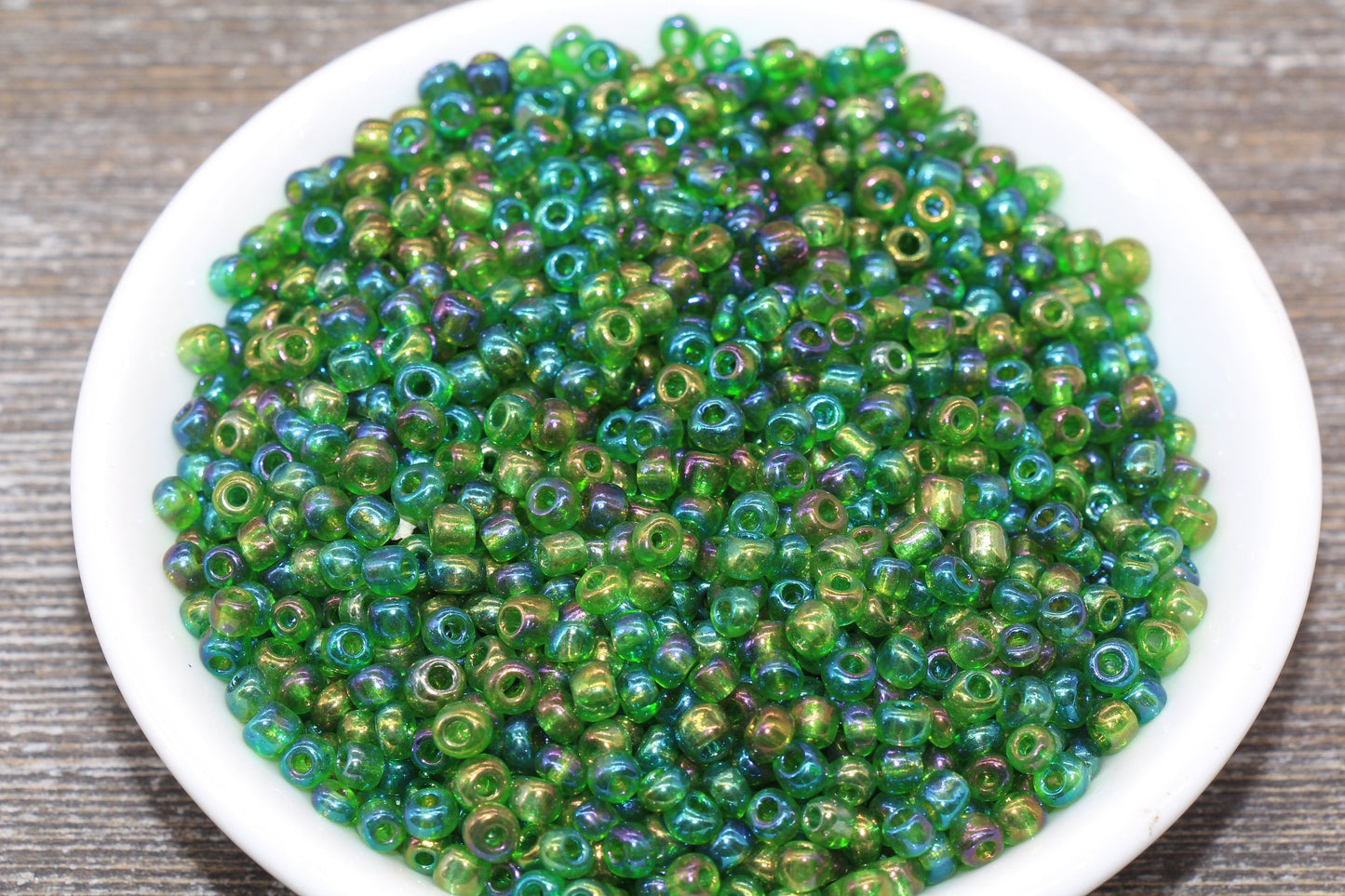 Transparent Iridescent Glass Seed Beads, 4mm 6/0 Glass Round Seed Beads, Green AB Trans Seed Beads, Rocailles Beads, Beading Supplies #1414