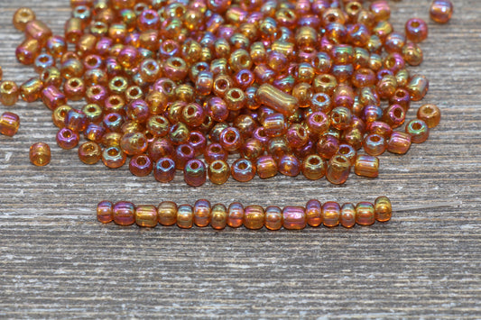 Fire Orange Transparent AB Glass Seed Beads, 4mm 6/0 Glass Round Beads, Rainbow Trans Seed Beads, Rocailles Beads, Beading Supplies #1439