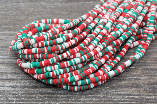 4mm Multicolored Heishi Beads, Red White and Green Mix Polymer Clay Disc Beads, Rainbow African Disc Beads, Vinyl Heishi, Full Strand #530