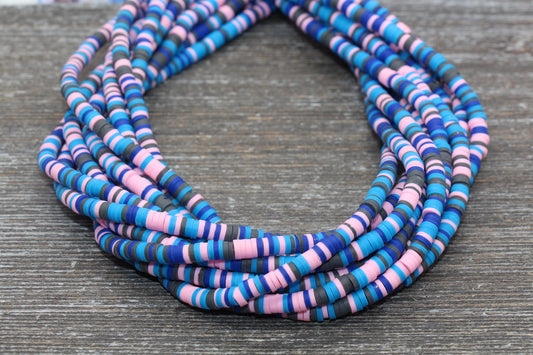 4mm Blue and Pink Heishi Beads, Multicolored Polymer Clay Disc Beads, Rainbow African Disc Beads, Vinyl Heishi, 16 inch Strand #157