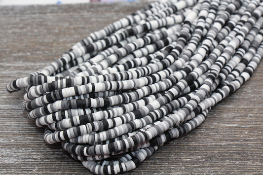 4mm Black, White and Gray Heishi Beads, Multicolored Polymer Clay Disc Beads, Rainbow African Disc Beads, Vinyl Heishi, 16 inch Strand #158