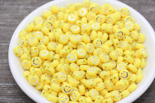 Silver Smiley Face Yellow Round Beads, Yellow Emoji Beads, Happy Face Beads, Plastic Round Beads Size 7mm #1595