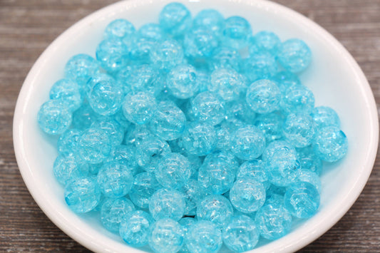 10mm Blue Crackle Gumball Beads, Acrylic Crackle Loose Beads, Bubblegum Beads, Chunky Beads, Smooth Round Plastic Beads #1607
