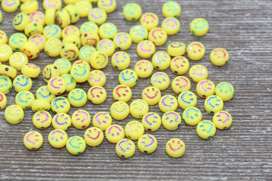 Multicolored Smiley Face Yellow Round Beads, Yellow Emoji Beads, Happy Face Beads, Plastic Round Beads Size 7mm #1613