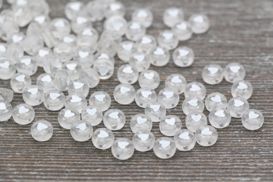 Heart Beads, Acrylic Heart Beads, Plastic Heart Beads, Acrylic Clear Beads with White Heart Symbol Beads, Bracelet Beads, Size 7mm #1615