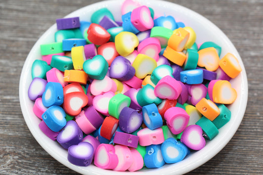 Heart Polymer Clay Beads, Multicolored Heart Fimo Cane Beads, Assorted Heart Shape Beads, Rainbow Heart Slice Beads #16