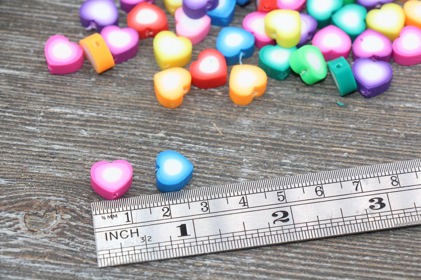 Heart Polymer Clay Beads, Multicolored Heart Fimo Cane Beads, Assorted Heart Shape Beads, Rainbow Heart Slice Beads #16