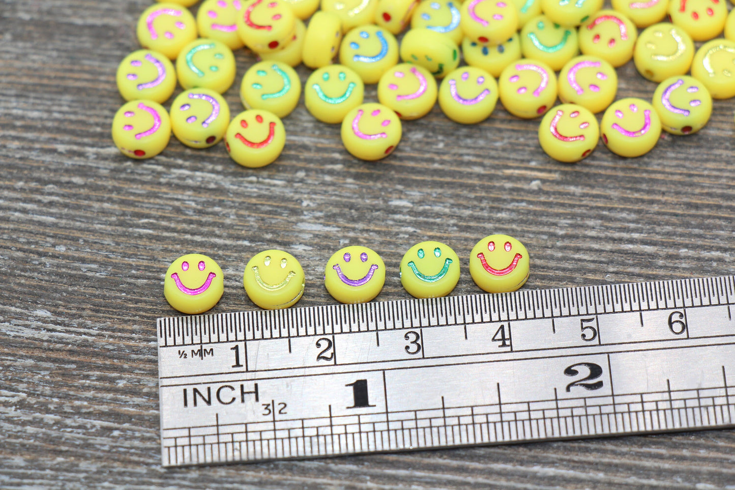 Multicolored Smiley Face Yellow Round Beads, Yellow Emoji Beads, Happy Face Beads, Plastic Round Beads Size 7mm #1613