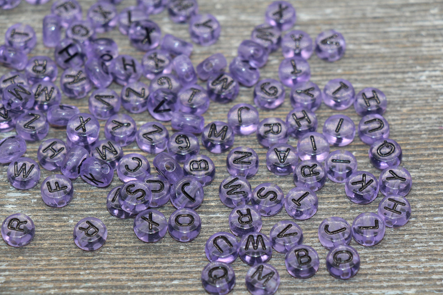 Purple Alphabet Letter Beads, Translucent Acrylic Purple Beads with Black Letters, Round Acrylic Beads, Mix Letters, Name Beads 7mm #1620