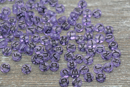 Purple Alphabet Letter Beads, Translucent Acrylic Purple Beads with Black Letters, Round Acrylic Beads, Mix Letters, Name Beads 7mm #1620