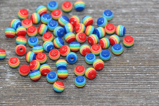 6mm Rainbow Striped Acrylic Beads, Round Acrylic Loose Beads, Striped Bubblegum Beads, Chunky Bubble Gum Beads, Round Plastic Beads #624