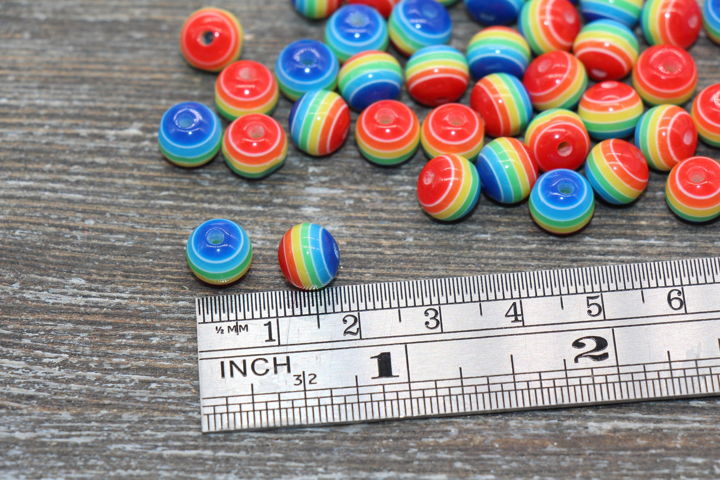 8mm Rainbow Striped Acrylic Beads, Round Acrylic Loose Beads, Striped Bubblegum Beads, Chunky Bubble Gum Beads, Round Plastic Beads #625