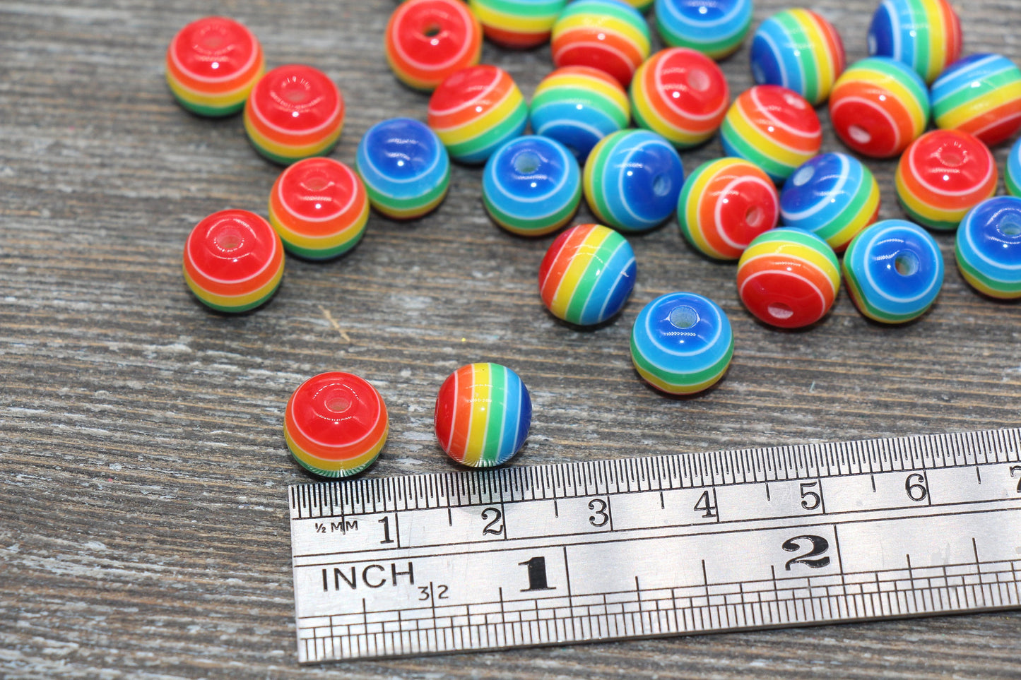 10mm Rainbow Striped Acrylic Beads, Round Acrylic Loose Beads, Striped Bubblegum Beads, Chunky Bubble Gum Beads, Round Plastic Beads #626