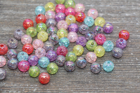 8mm Multicolor Iridescent Gumball Beads, Rainbow AB Acrylic Crackle Loose Beads, Bubblegum Beads, Chunky Beads, Smooth Round Beads #628