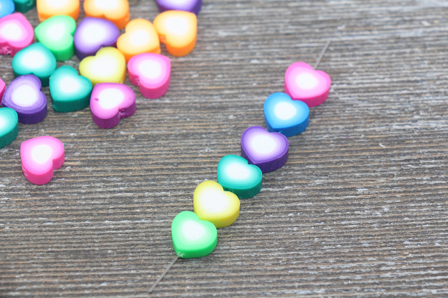 Heart Polymer Clay Beads, Multicolored Heart Fimo Cane Beads, Assorted Heart Shape Beads, Rainbow Heart Slice Beads #16