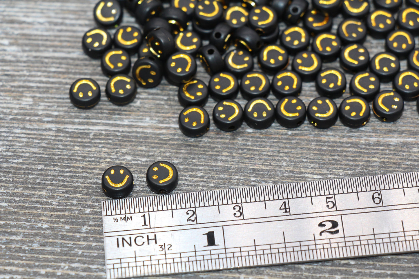 Smiley Face Round Beads, Black Bead with Gold Happy Face Emoji Beads, Happy Face Beads, Plastic Round Beads Size 7mm #186