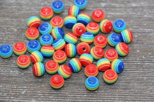 8mm Rainbow Striped Acrylic Beads, Round Acrylic Loose Beads, Striped Bubblegum Beads, Chunky Bubble Gum Beads, Round Plastic Beads #625