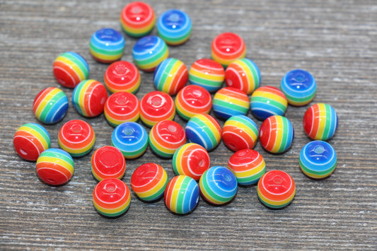 10mm Rainbow Striped Acrylic Beads, Round Acrylic Loose Beads, Striped Bubblegum Beads, Chunky Bubble Gum Beads, Round Plastic Beads #626