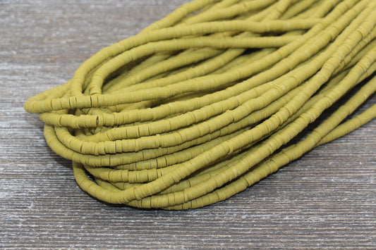 4mm Olive Green Heishi Beads, Polymer Clay Disc Beads, African Disc Beads, Vinyl Heishi, 16 inch Strand #238
