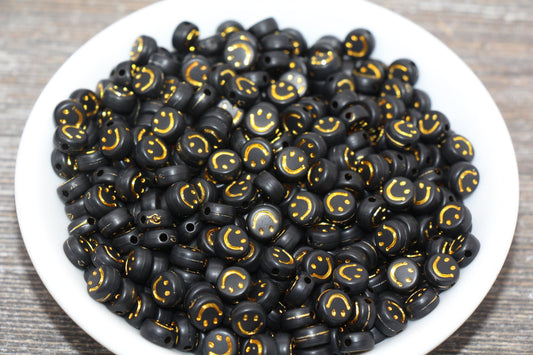 Smiley Face Round Beads, Black Bead with Gold Happy Face Emoji Beads, Happy Face Beads, Plastic Round Beads Size 7mm #186