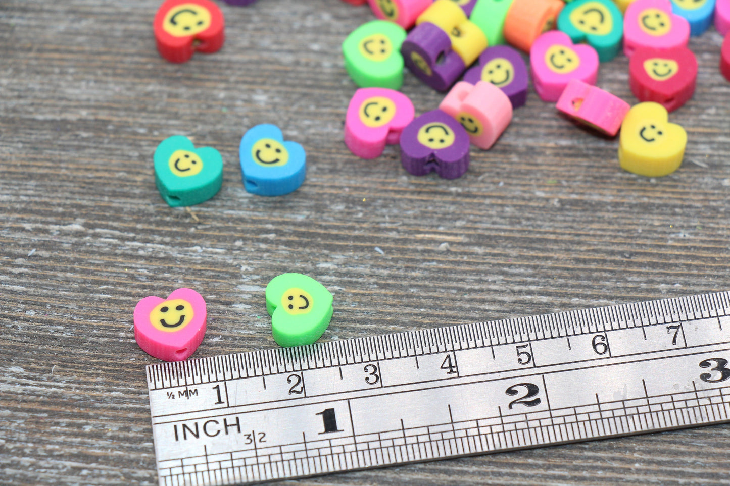 Smiley Face Polymer Clay Beads, Heart Shape Smiley Face Fimo Cane Beads, Assorted Happy Face Emoji Beads, Rainbow Happy Face Slice Beads #17